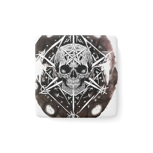 Pentagram Skull Porcelain Magnet, Square