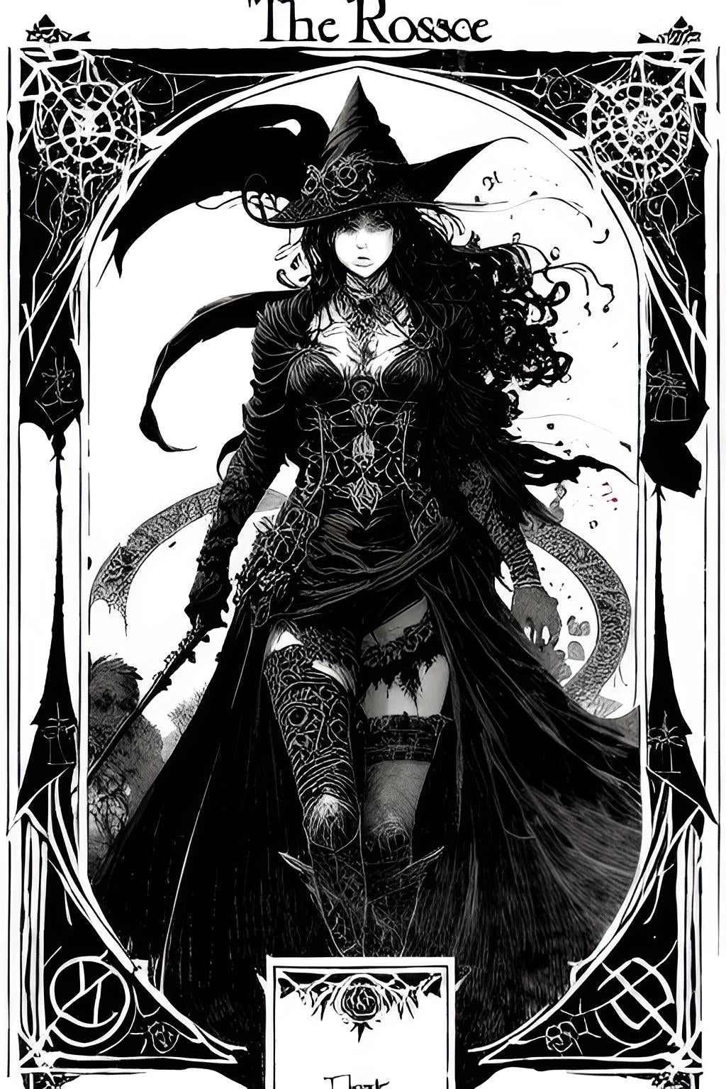 witch rose black and white tarot card style runes