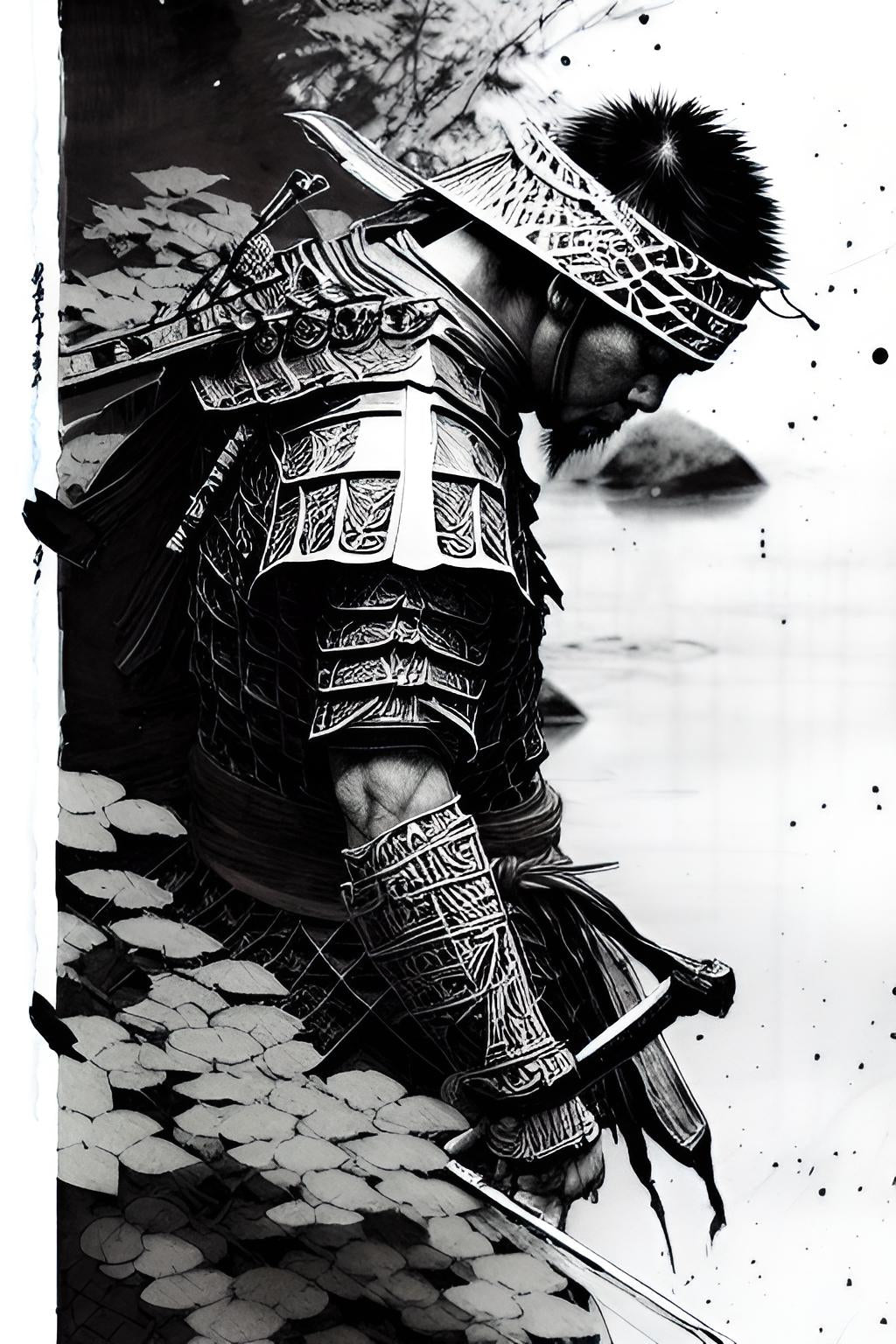 japanese samurai black and white armor depressed