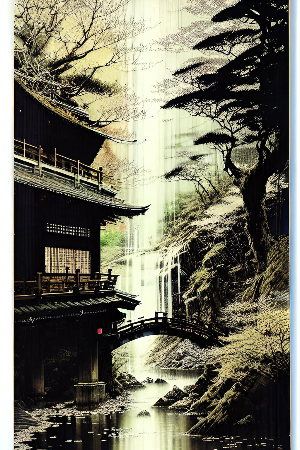 japanese art landscape waterfall building bridge