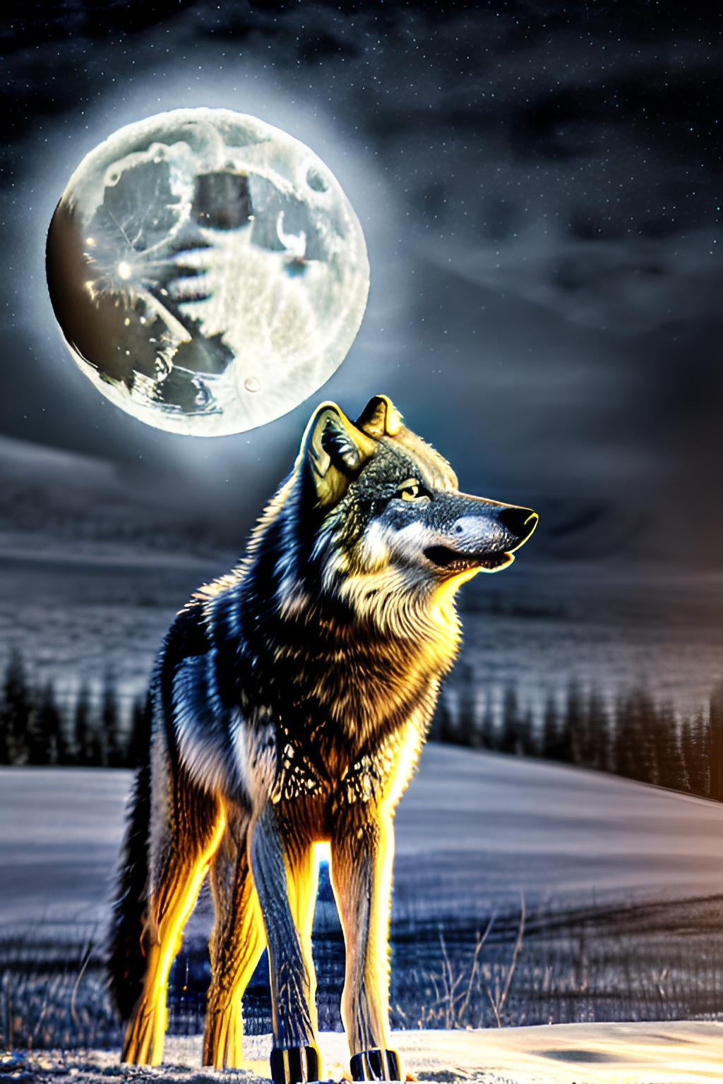 wolf snow moon colorful dawn forest