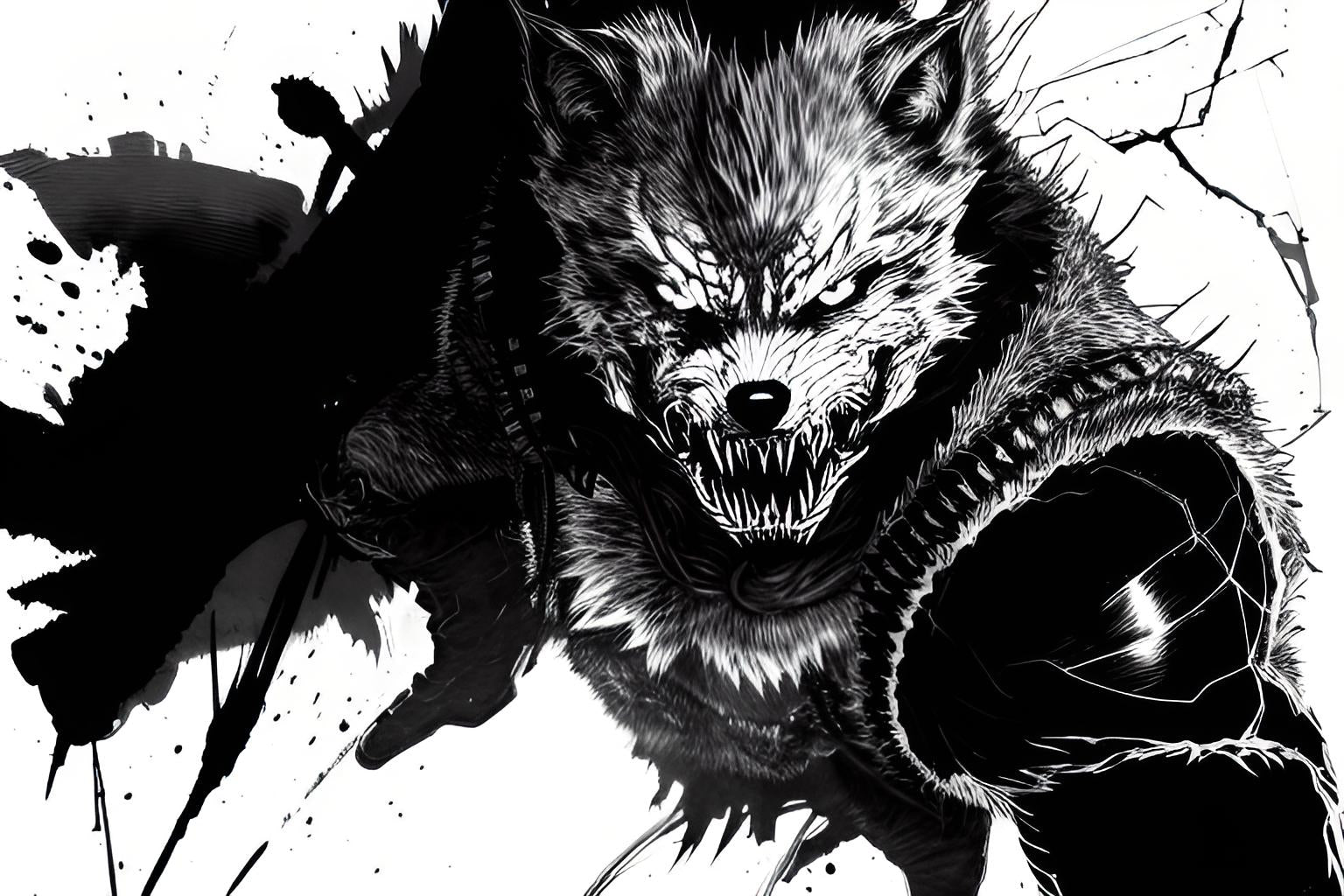 anime style werewolf teeth horror black and white