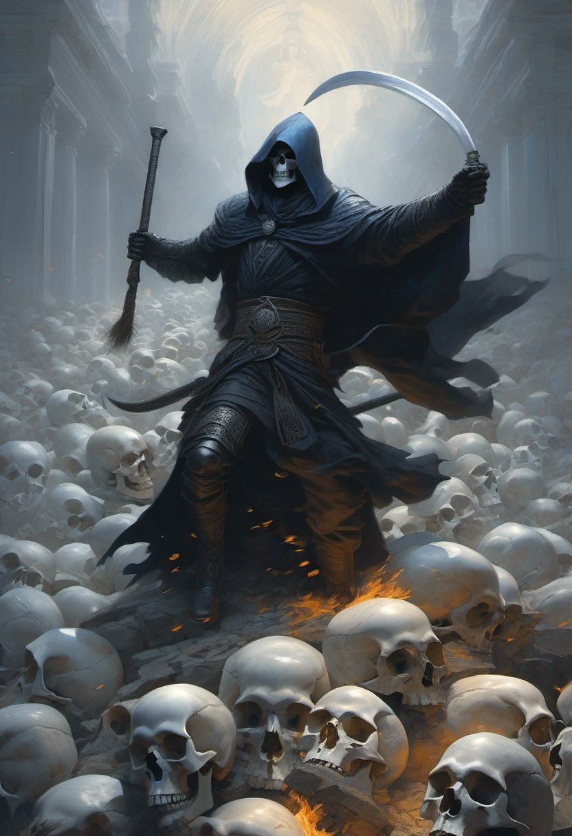 Grim reaper skulls sword bleak dark horror fire