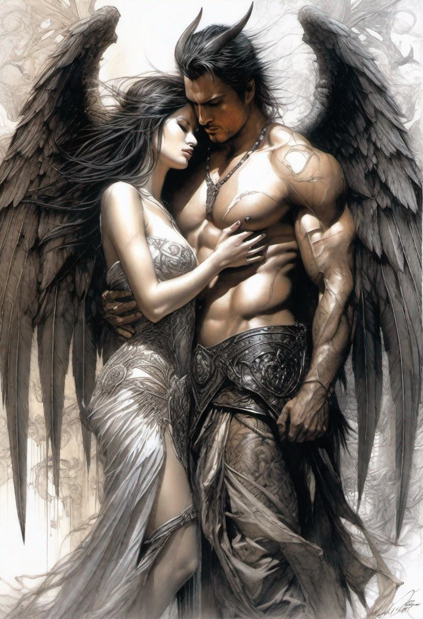 angel demon man woman embraced detailed colorful