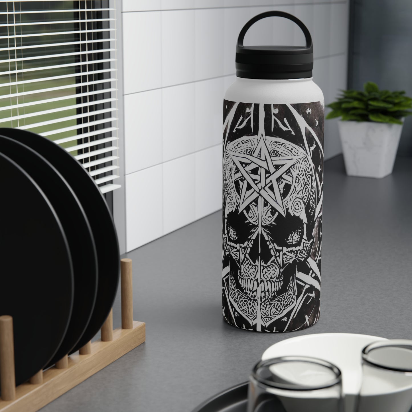 Pentagram Skull Stainless Steel Water Bottle, Handle Lid