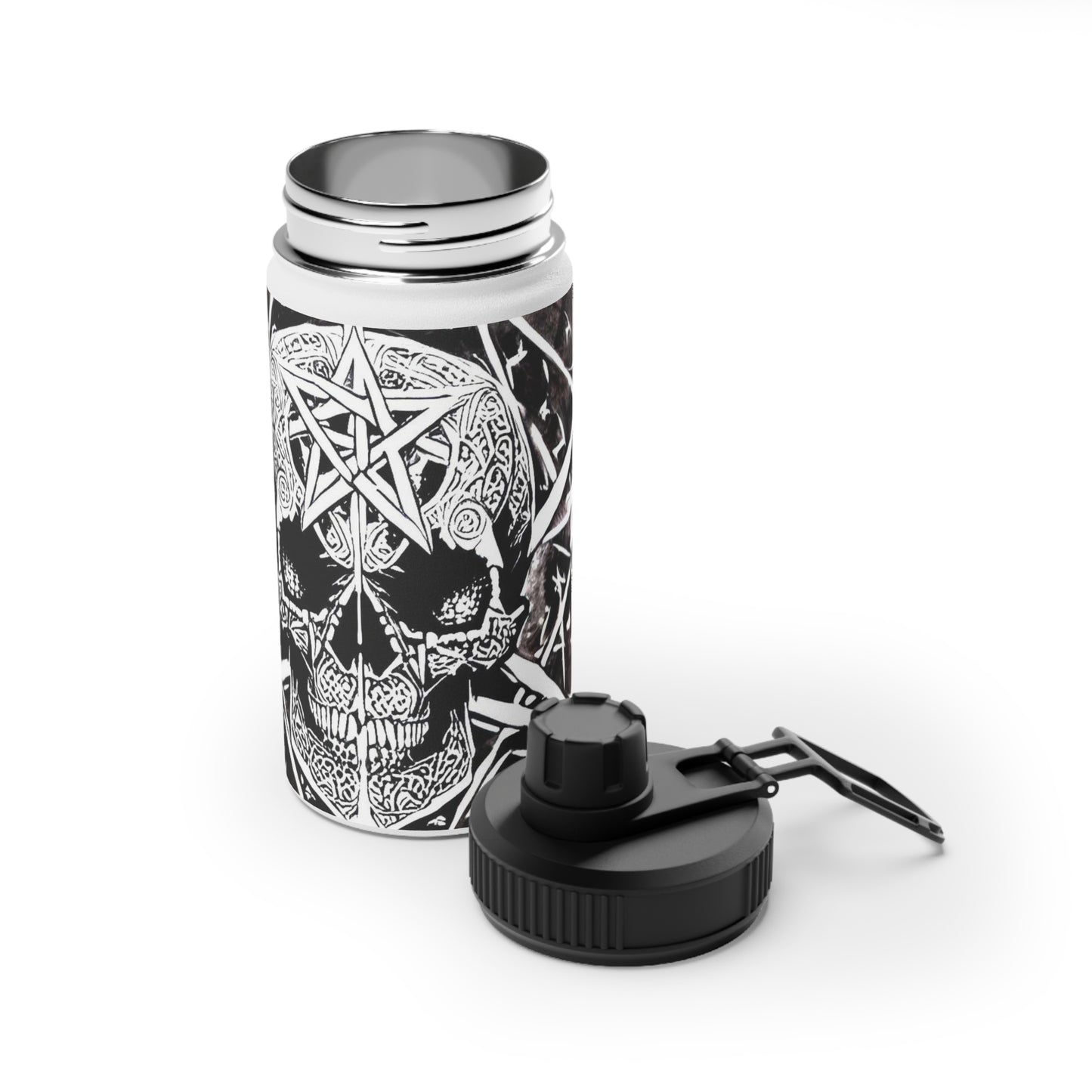 Pentagram Skull Stainless Steel Water Bottle, Sports Lid