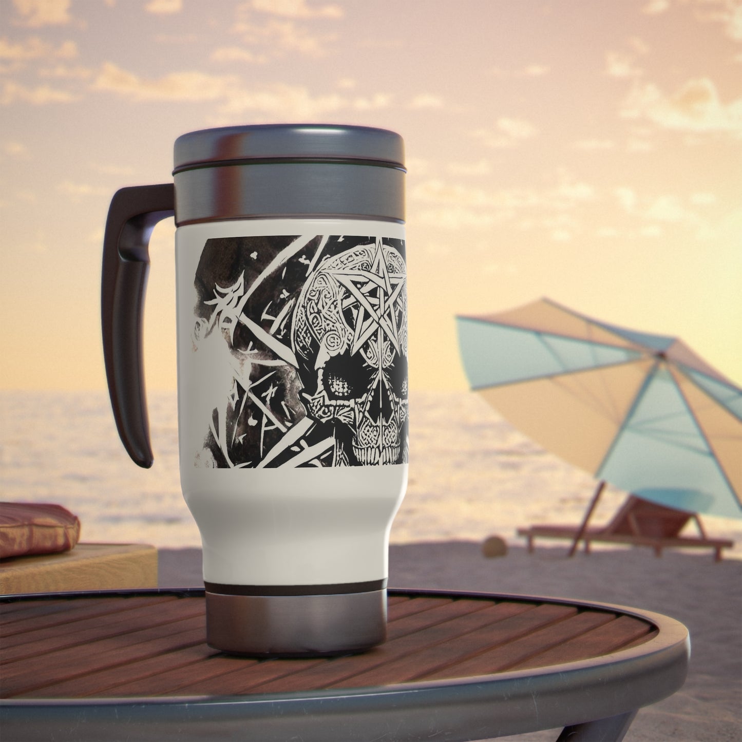 Pentagram Skull Stainless Steel Travel Mug with Handle, 14oz