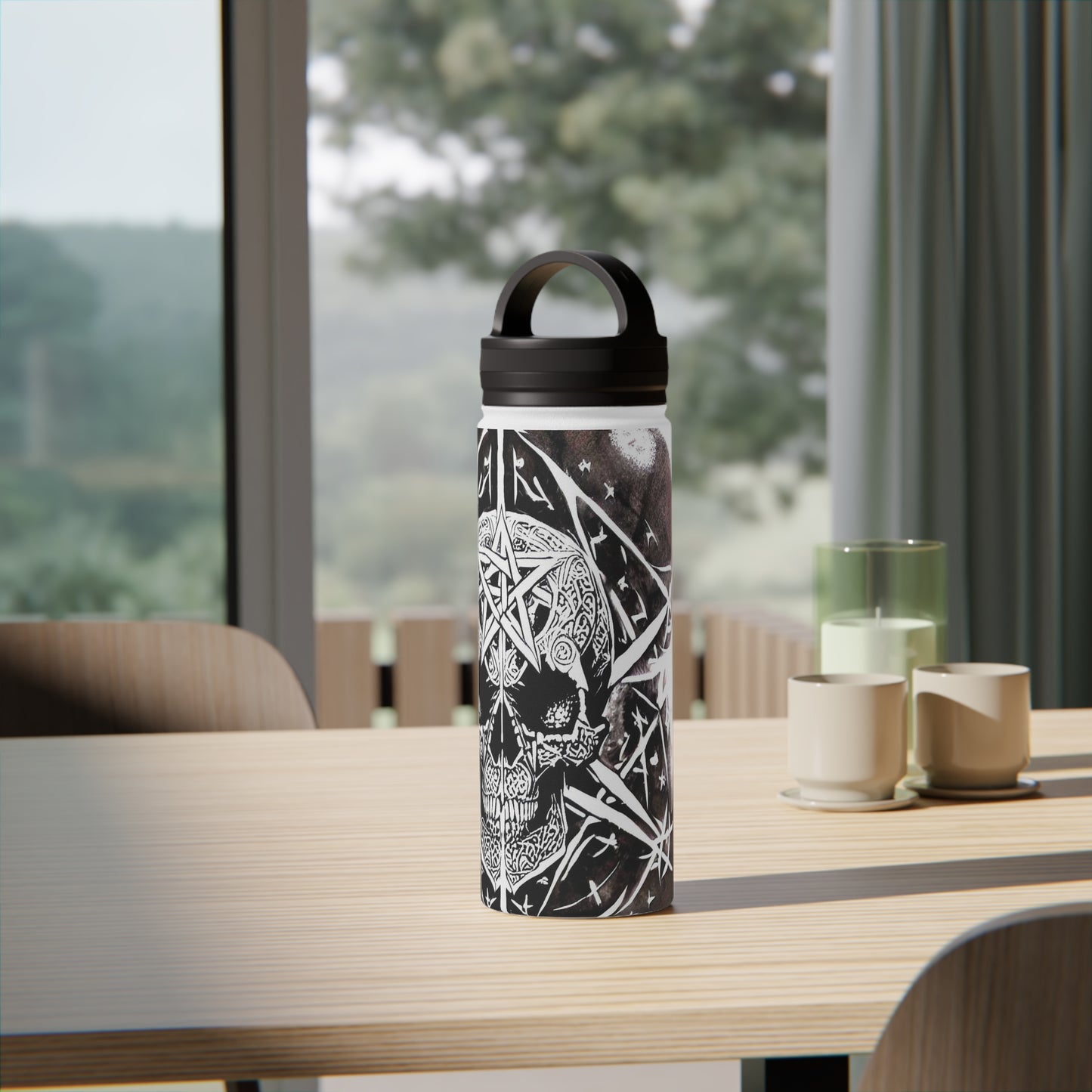 Pentagram Skull Stainless Steel Water Bottle, Handle Lid