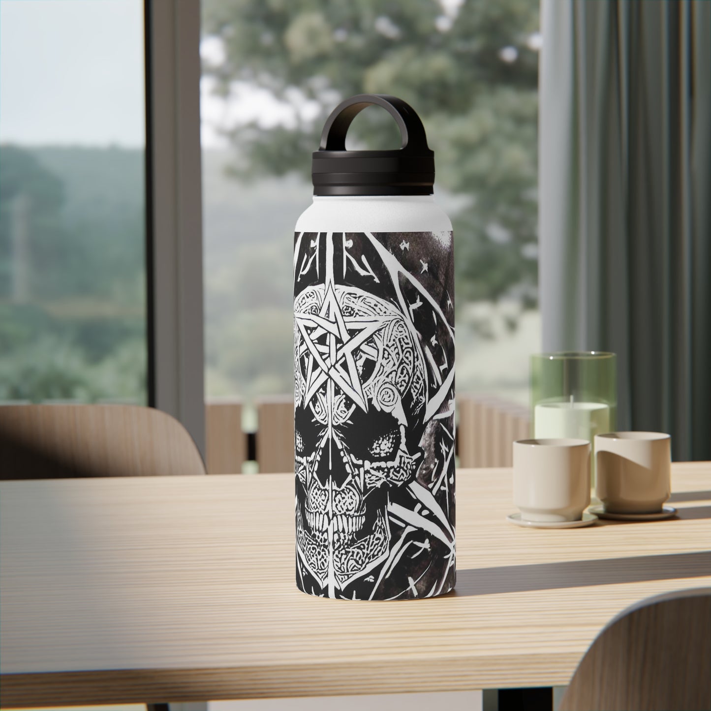 Pentagram Skull Stainless Steel Water Bottle, Handle Lid