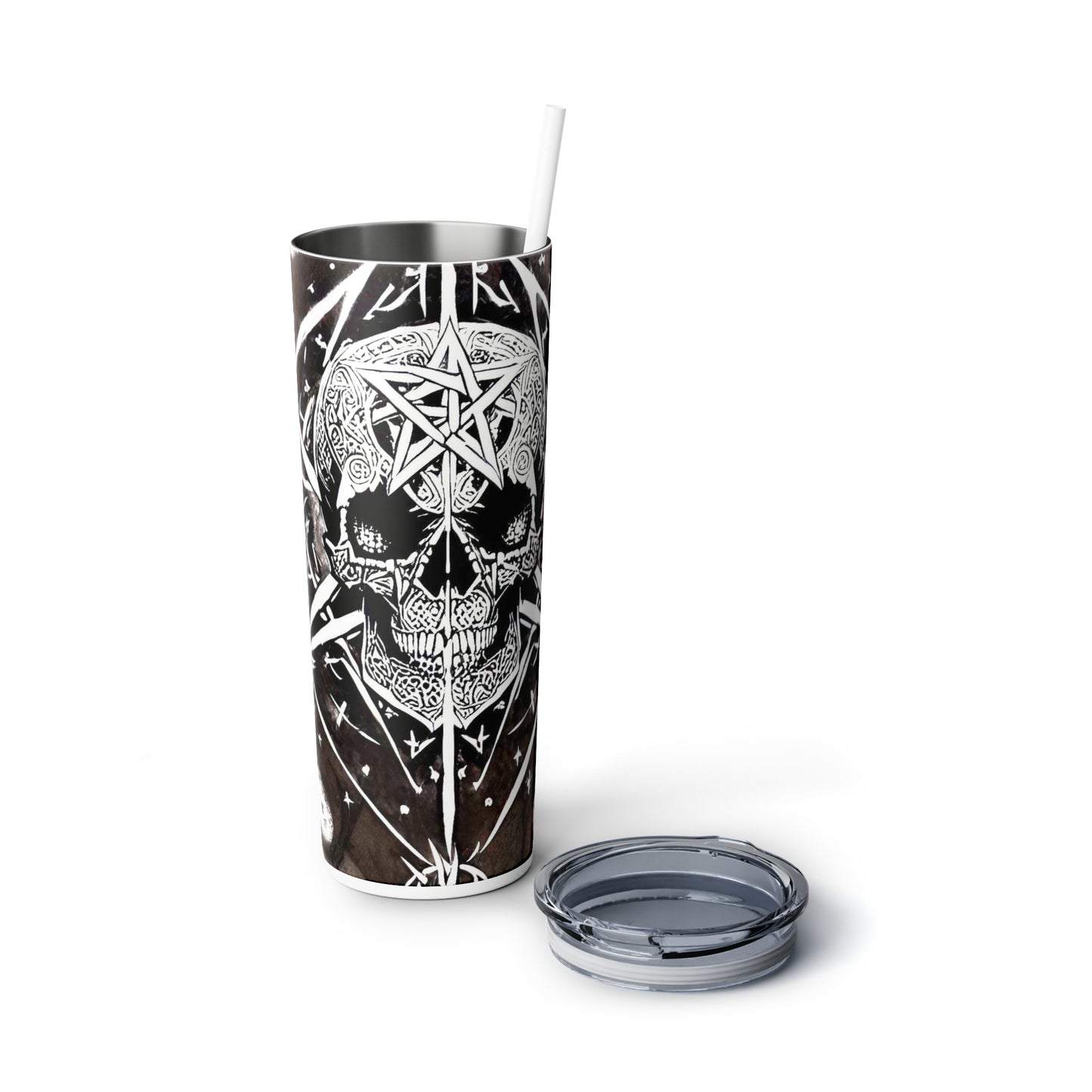 Pentagram Skull Skinny Steel Tumbler with Straw, 20oz