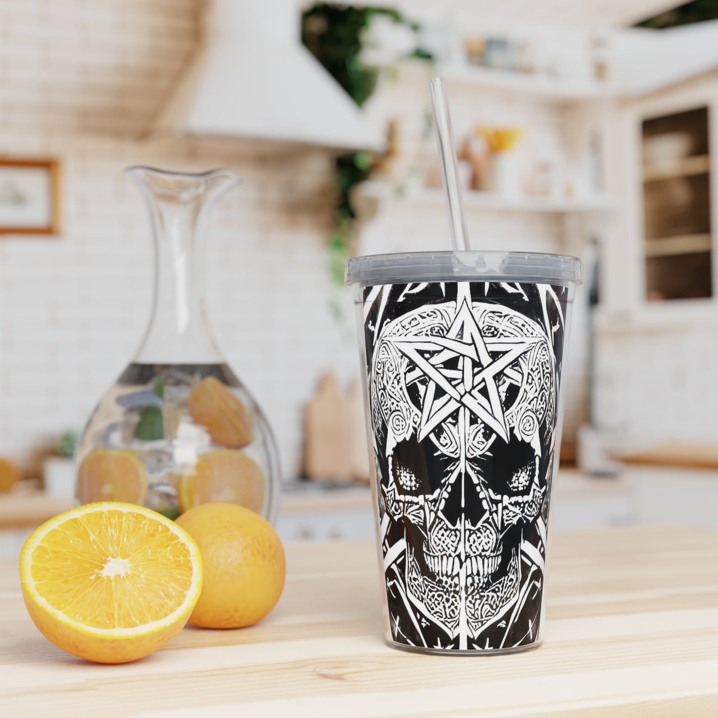 Pentagram Skull Plastic Tumbler with Straw