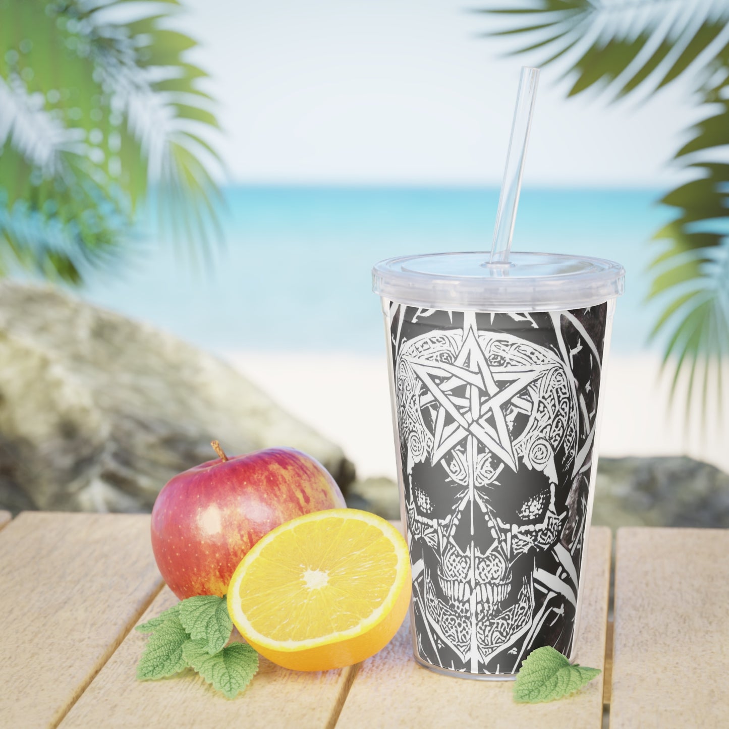 Pentagram Skull Plastic Tumbler with Straw