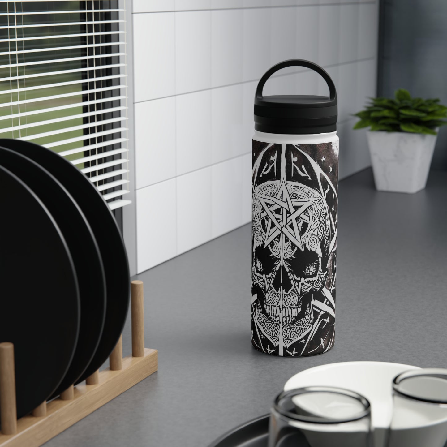 Pentagram Skull Stainless Steel Water Bottle, Handle Lid