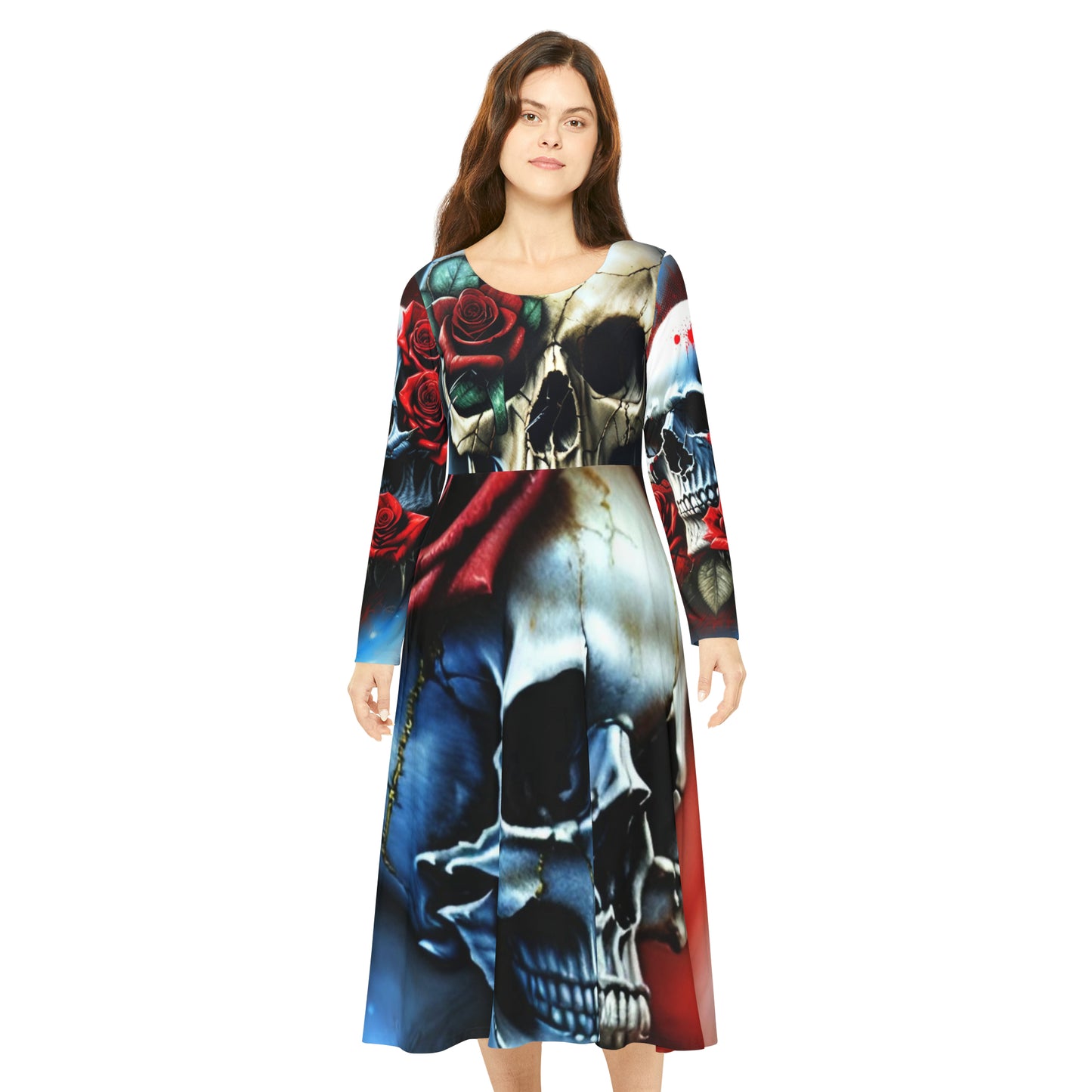 Skulled Women's Long Sleeve Dance Dress (AOP)