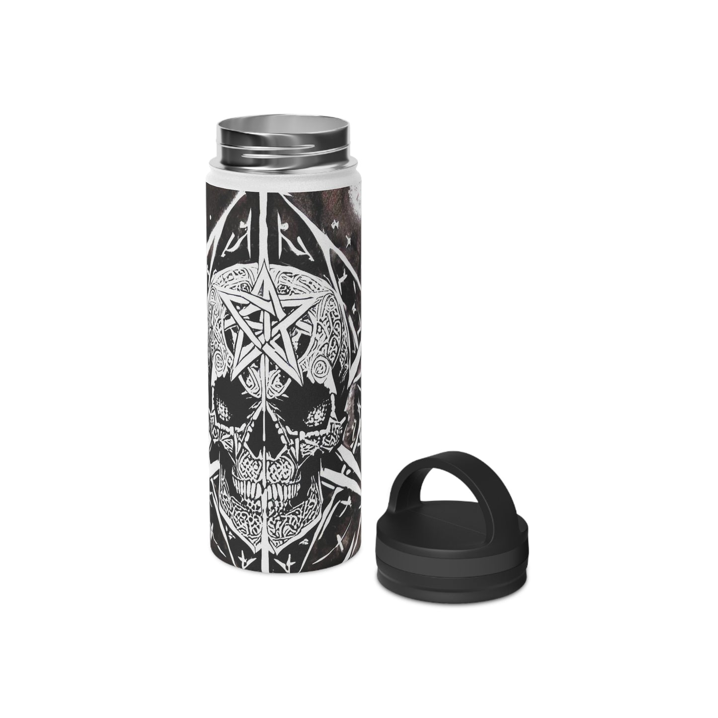 Pentagram Skull Stainless Steel Water Bottle, Handle Lid