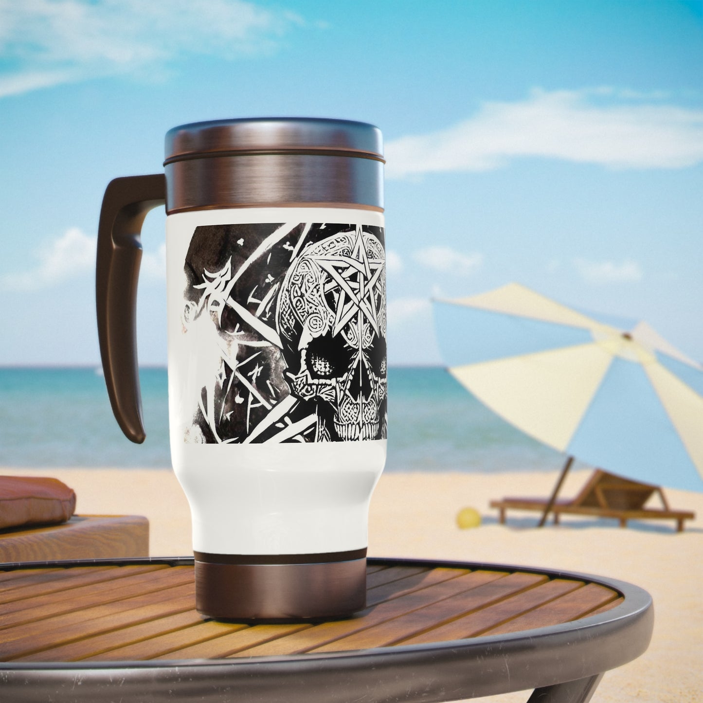 Pentagram Skull Stainless Steel Travel Mug with Handle, 14oz