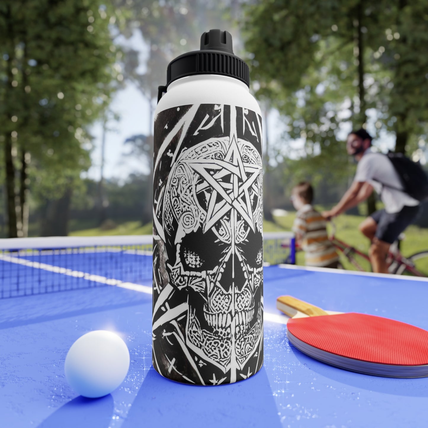 Pentagram Skull Stainless Steel Water Bottle, Sports Lid