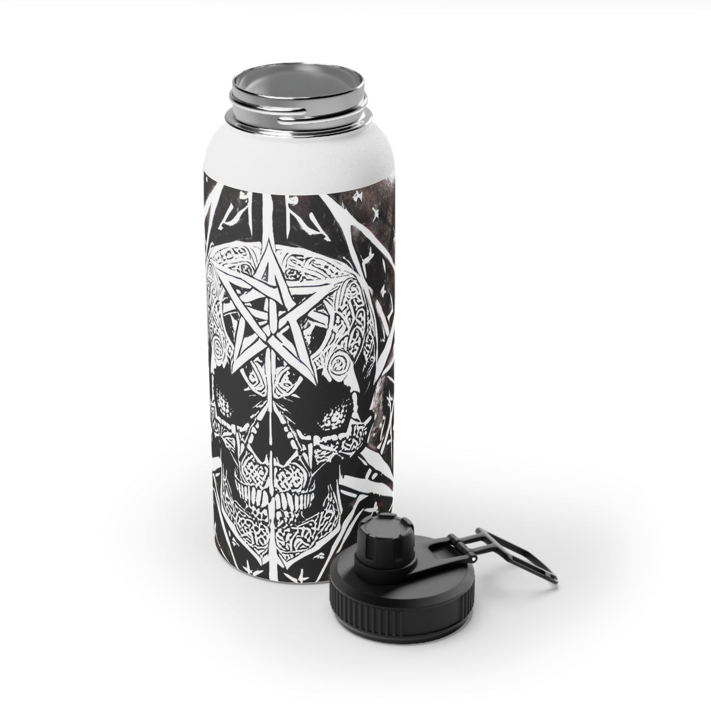 Pentagram Skull Stainless Steel Water Bottle, Sports Lid