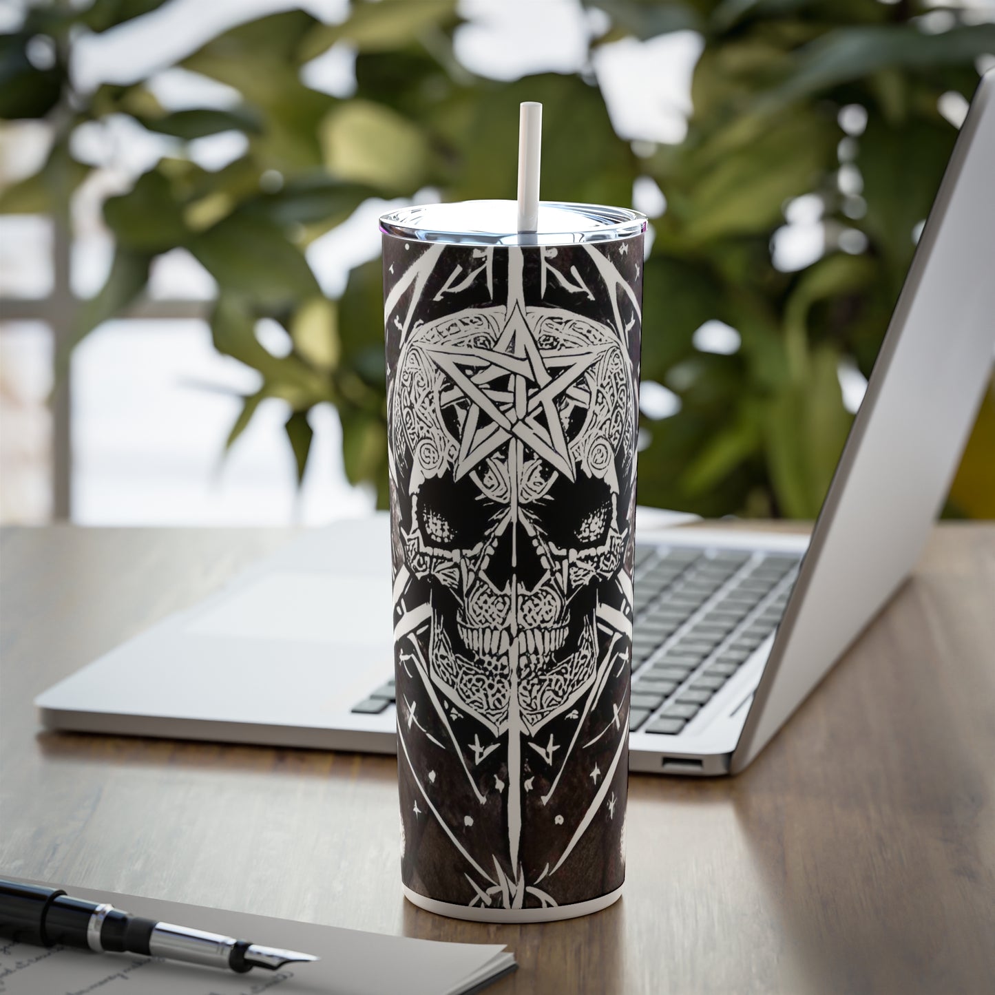 Pentagram Skull Skinny Steel Tumbler with Straw, 20oz