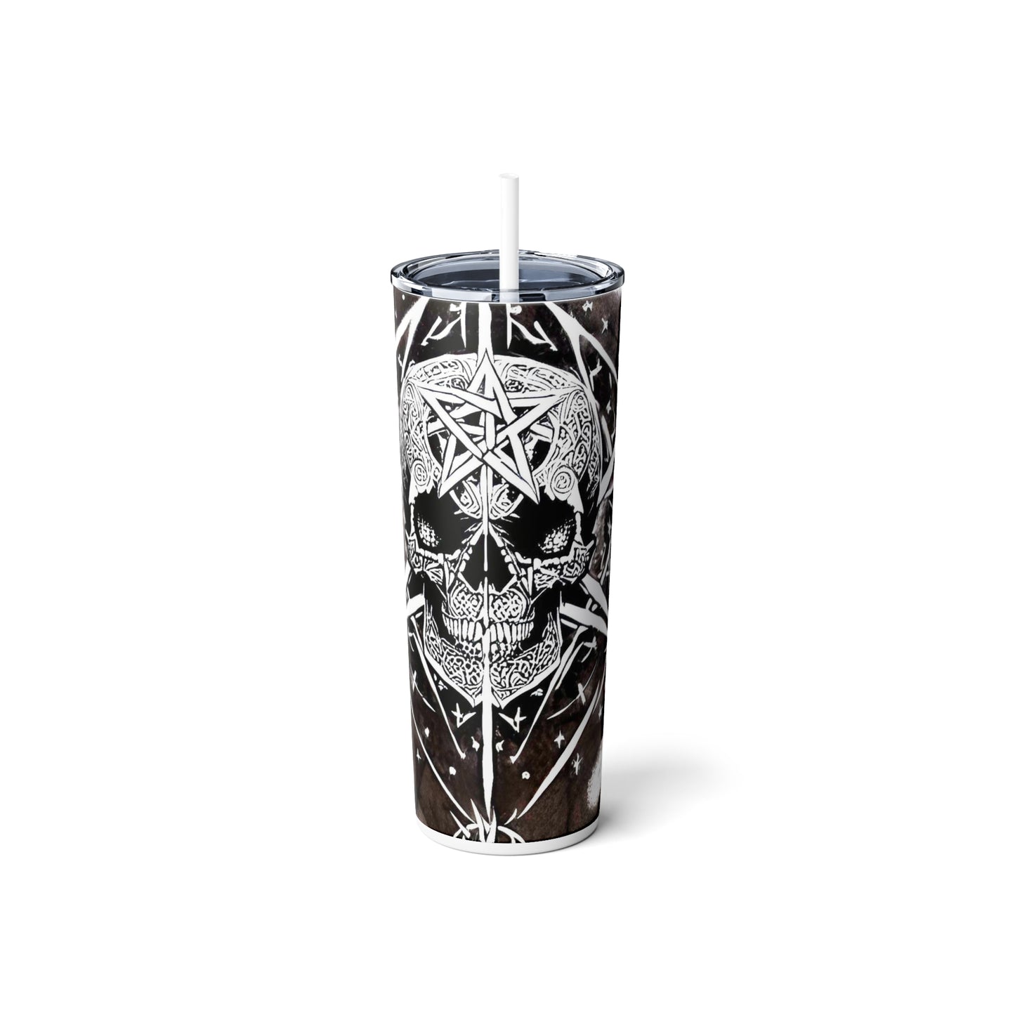 Pentagram Skull Skinny Steel Tumbler with Straw, 20oz