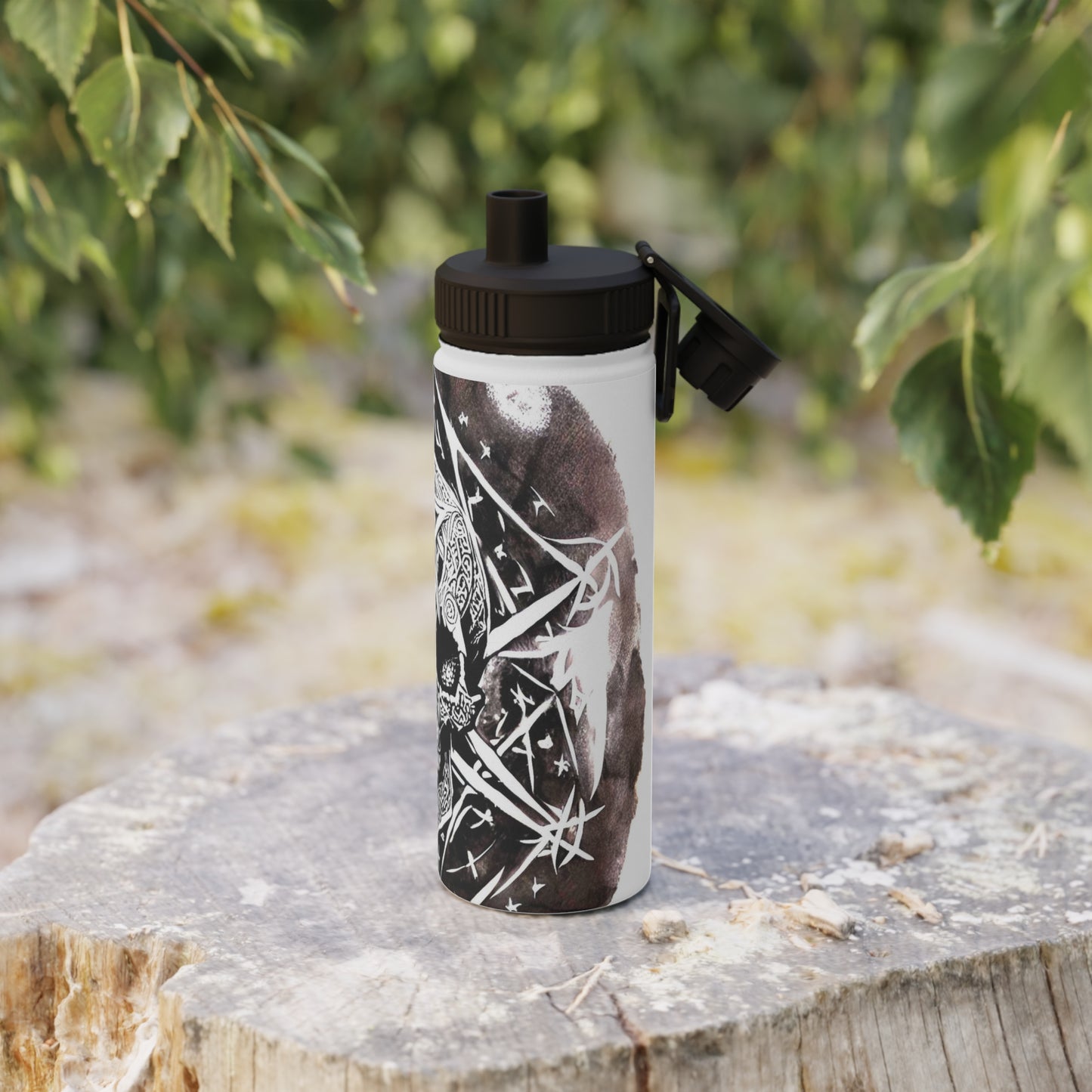 Pentagram Skull Stainless Steel Water Bottle, Sports Lid