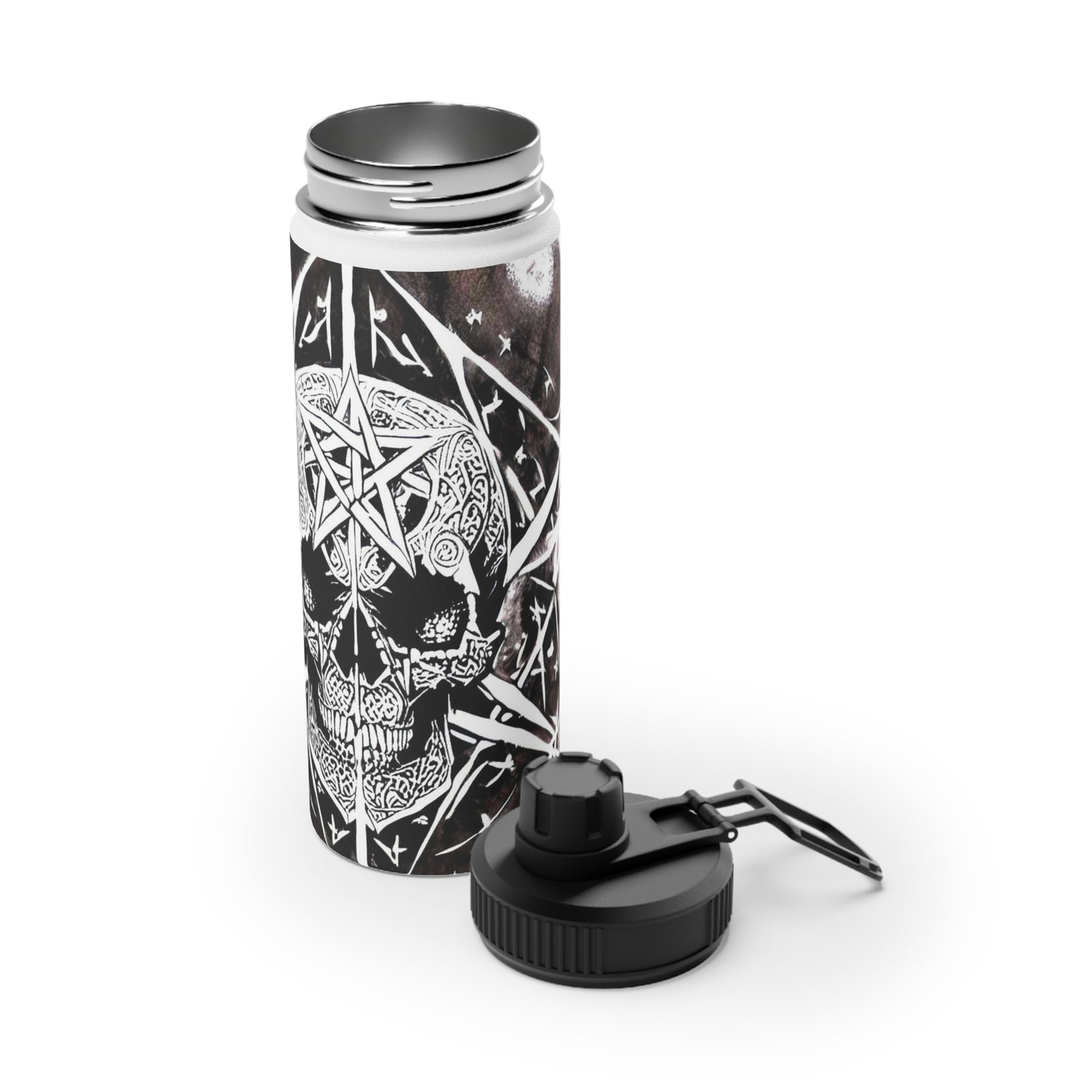 Pentagram Skull Stainless Steel Water Bottle, Sports Lid