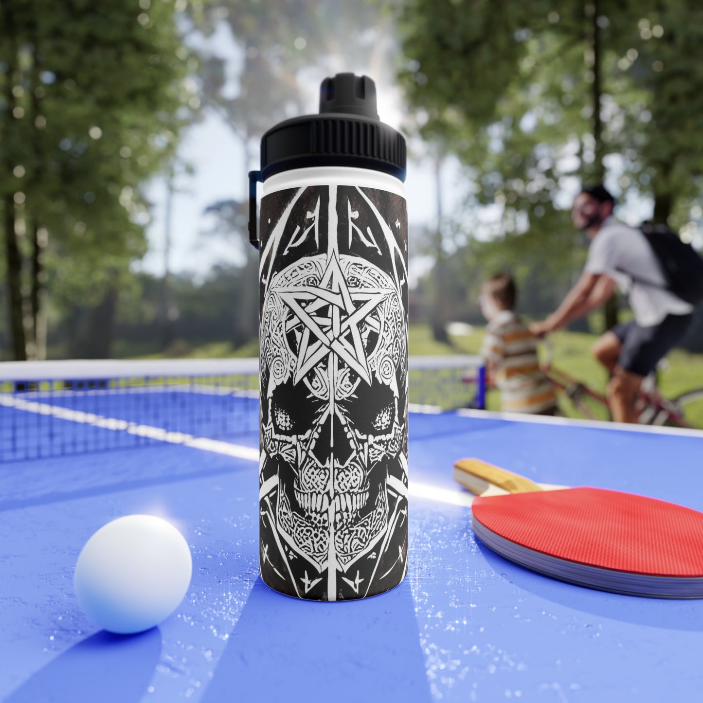 Pentagram Skull Stainless Steel Water Bottle, Sports Lid