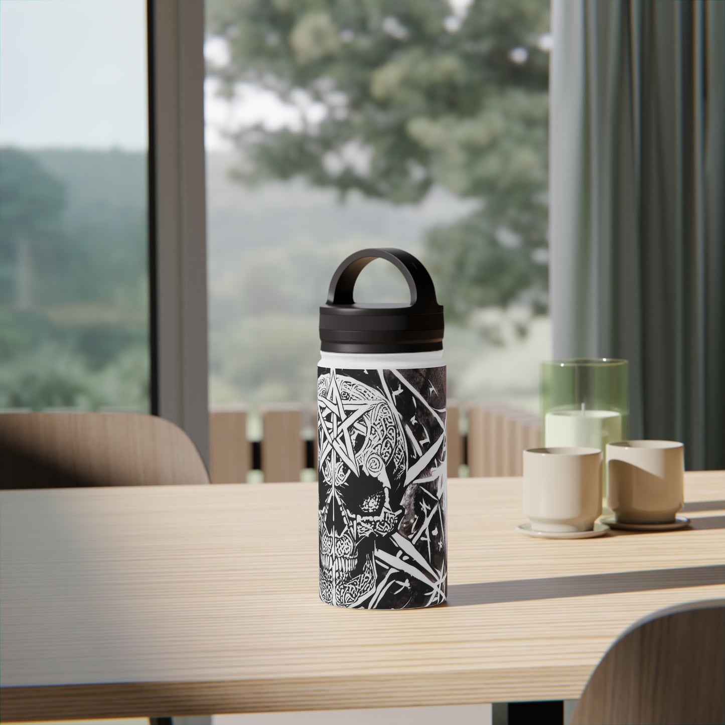 Pentagram Skull Stainless Steel Water Bottle, Handle Lid