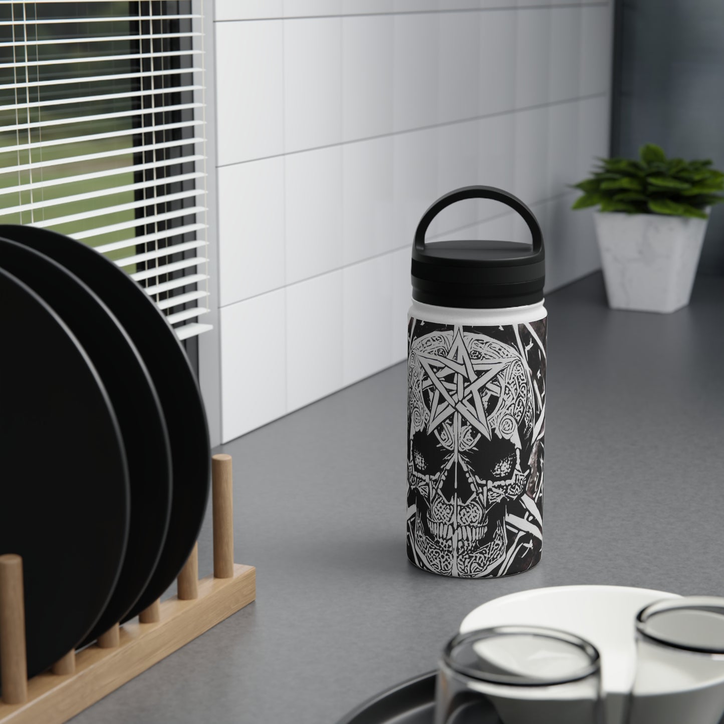 Pentagram Skull Stainless Steel Water Bottle, Handle Lid