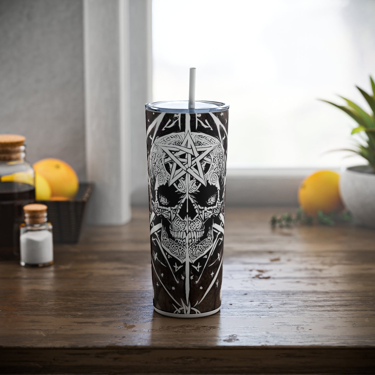 Pentagram Skull Skinny Steel Tumbler with Straw, 20oz