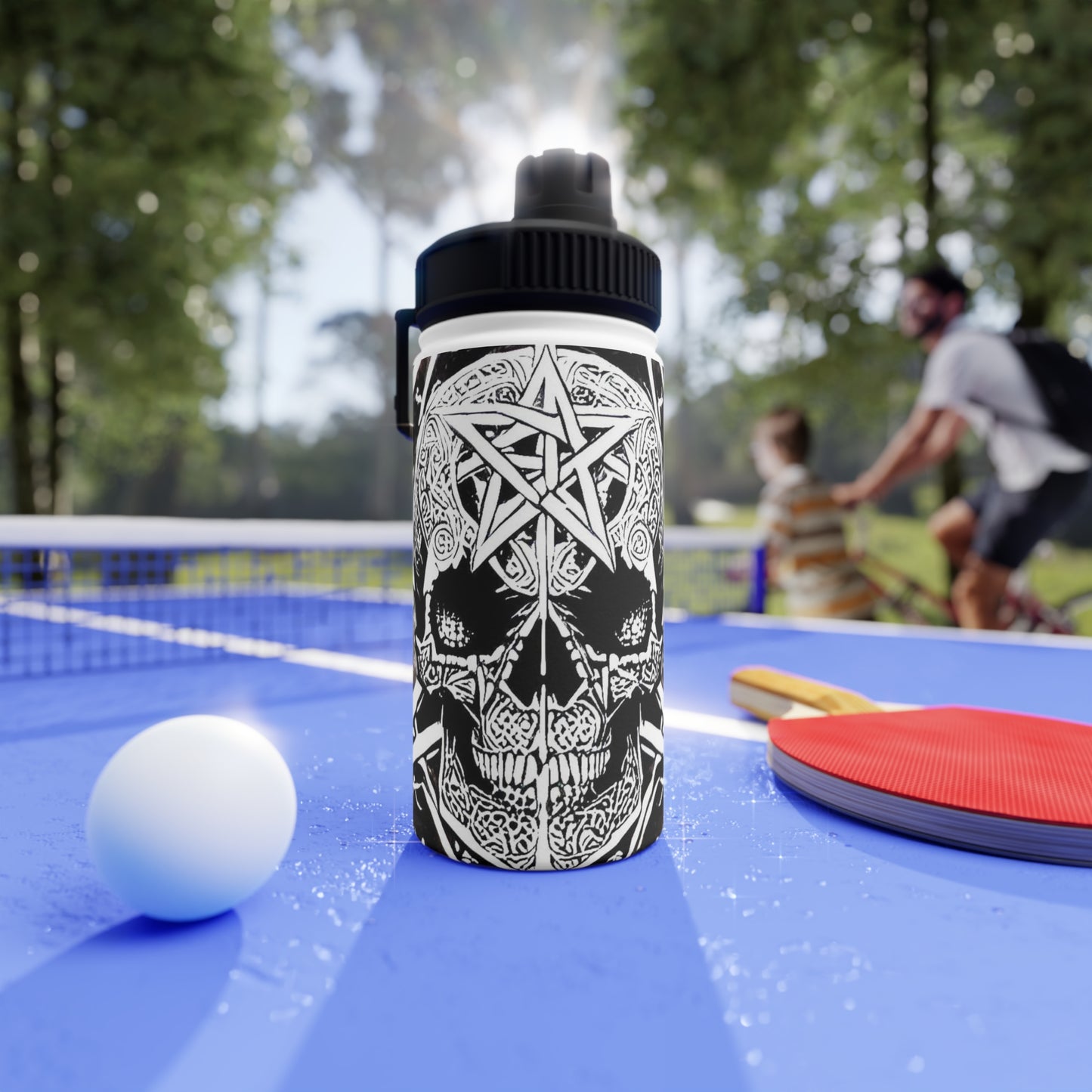 Pentagram Skull Stainless Steel Water Bottle, Sports Lid